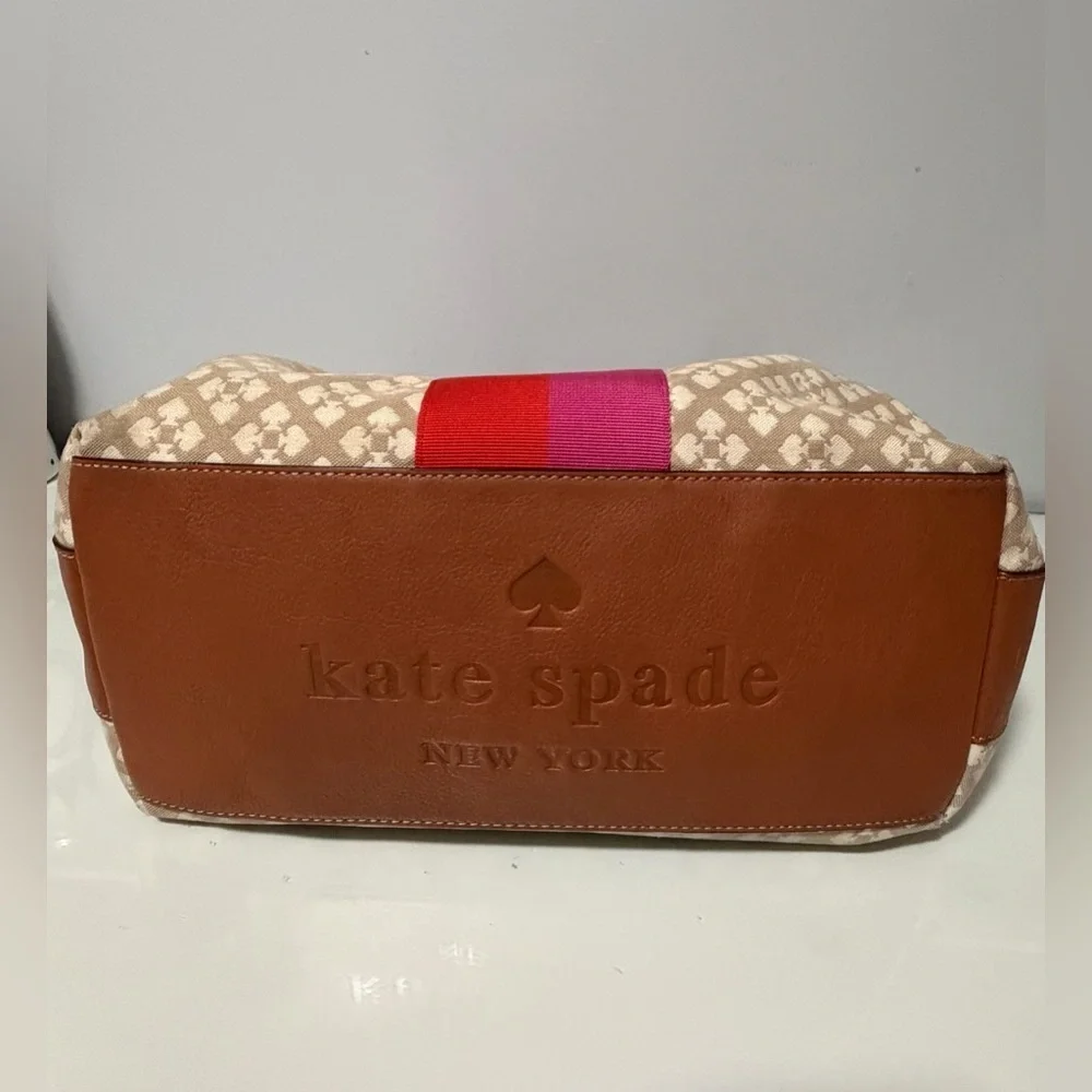 kate spade Beige Canvas Shoulder Bag with Red and Pink Stripe